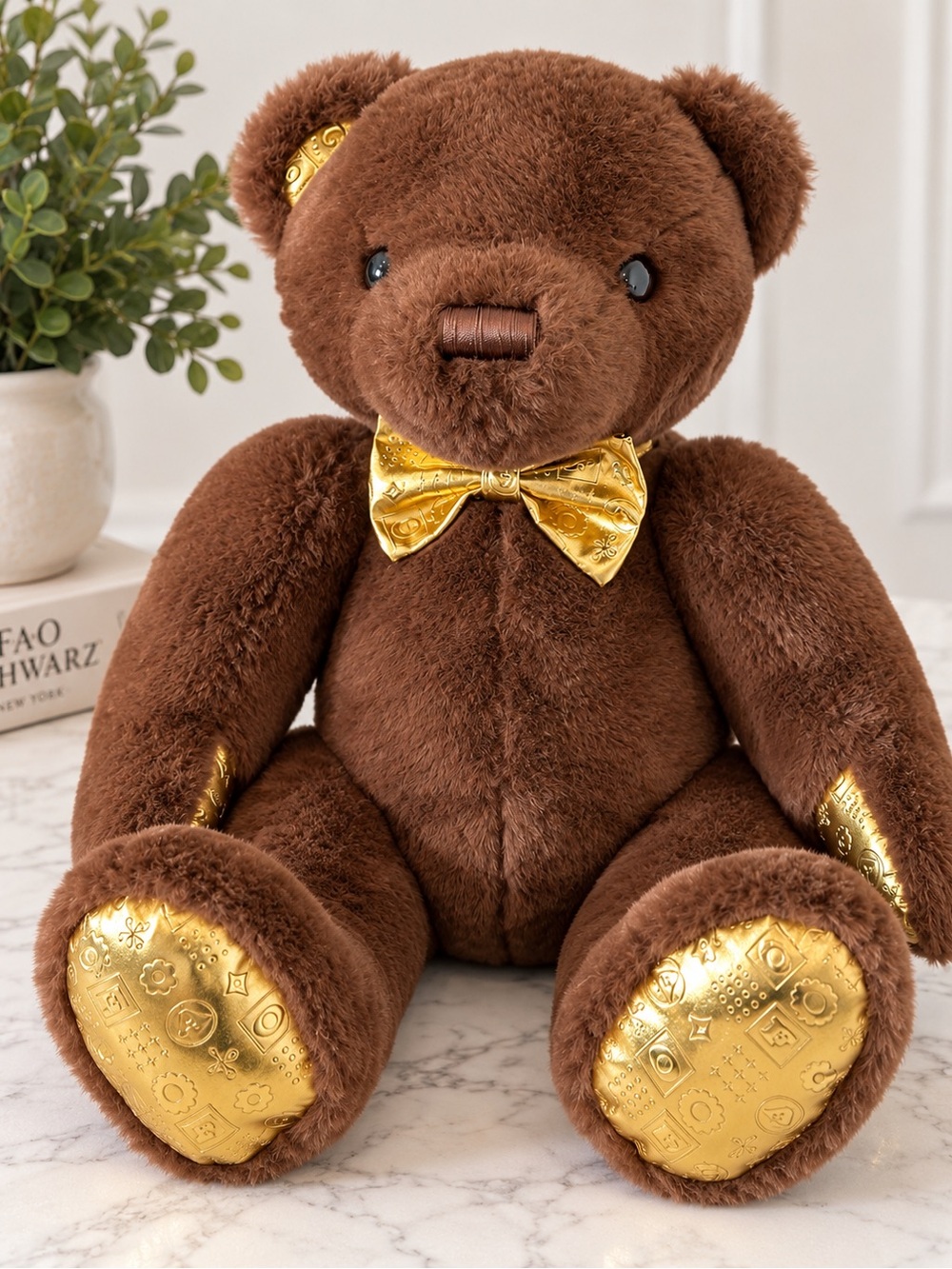 FAO Schwarz Teddy Bear 17” Brown Plush Gold Bow & Paws Stuffed Animal 202
